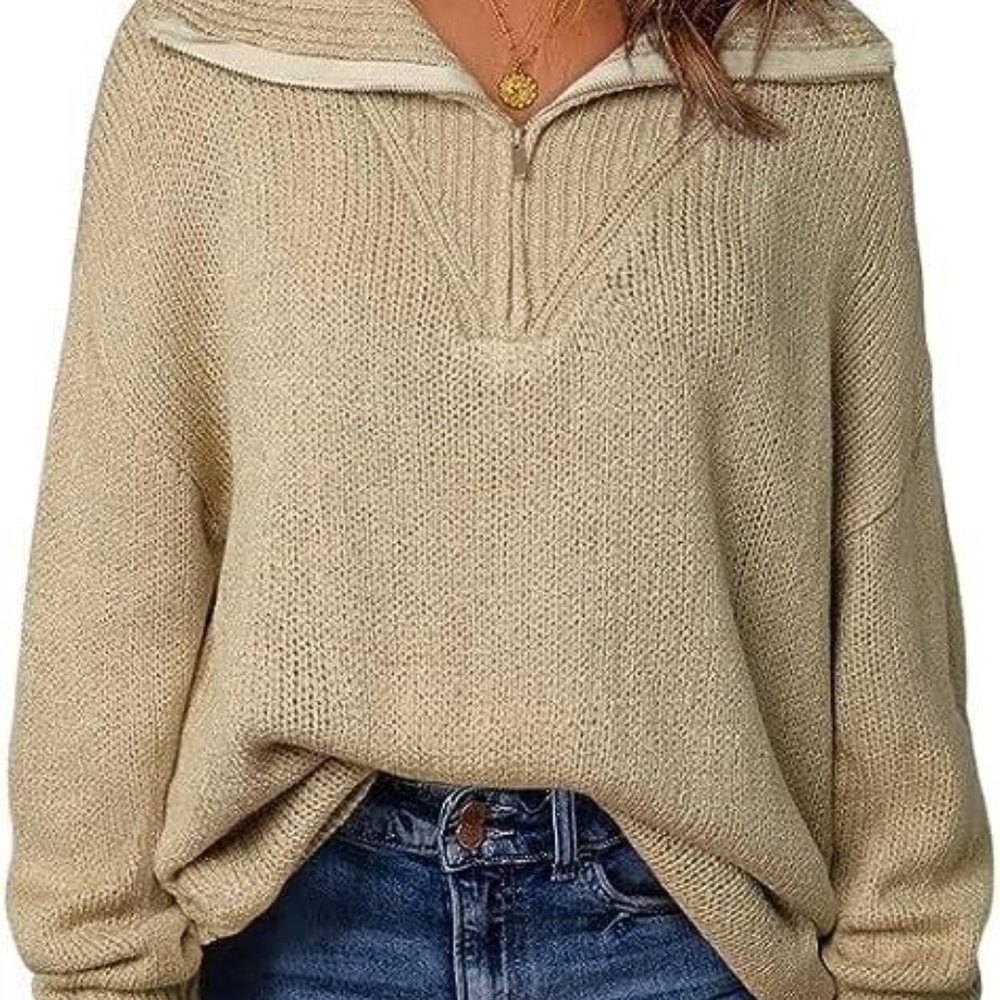 Women's Casual 1/4 Zip knit Pullover Polo sweater, V Neck Long Khaki, size Large